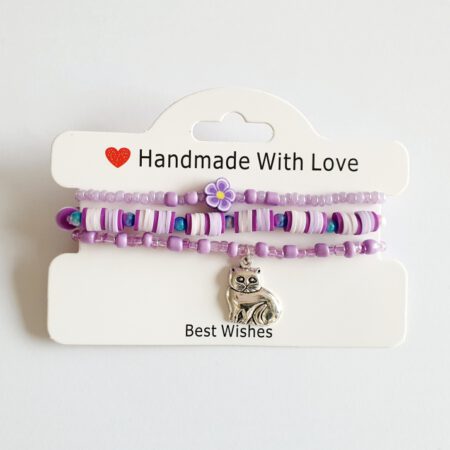 Armband set - lila met poesjes hanger