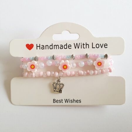 Armband set - roze met zilverkleurige kroon hanger